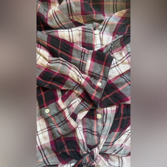 Express Plaid Tie Front Button Blouse - Picture 3 of 5